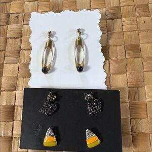 Three earrings, Gold and Black Earrings & cat earrings and cone earrings